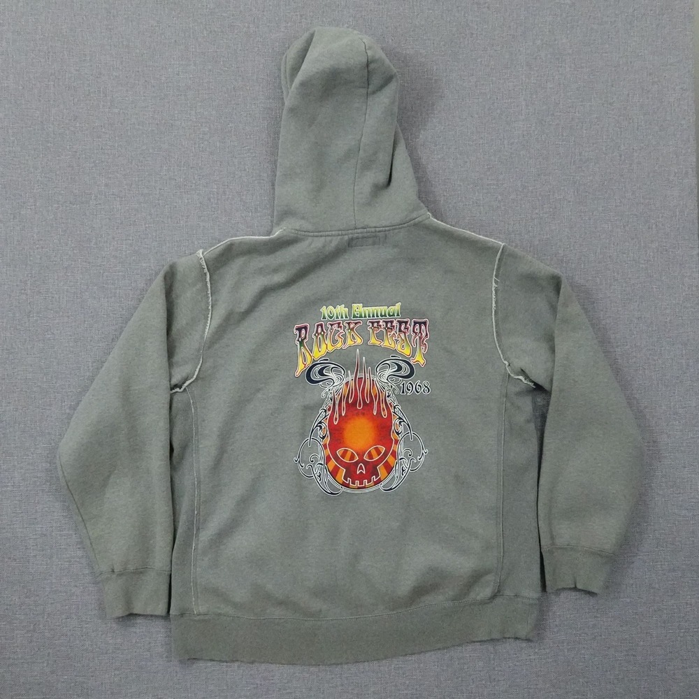 VTG Y2K Urban Pipeline Rock Fest Hoodie L Flame Skull 1/4 Zip Distressed Gray